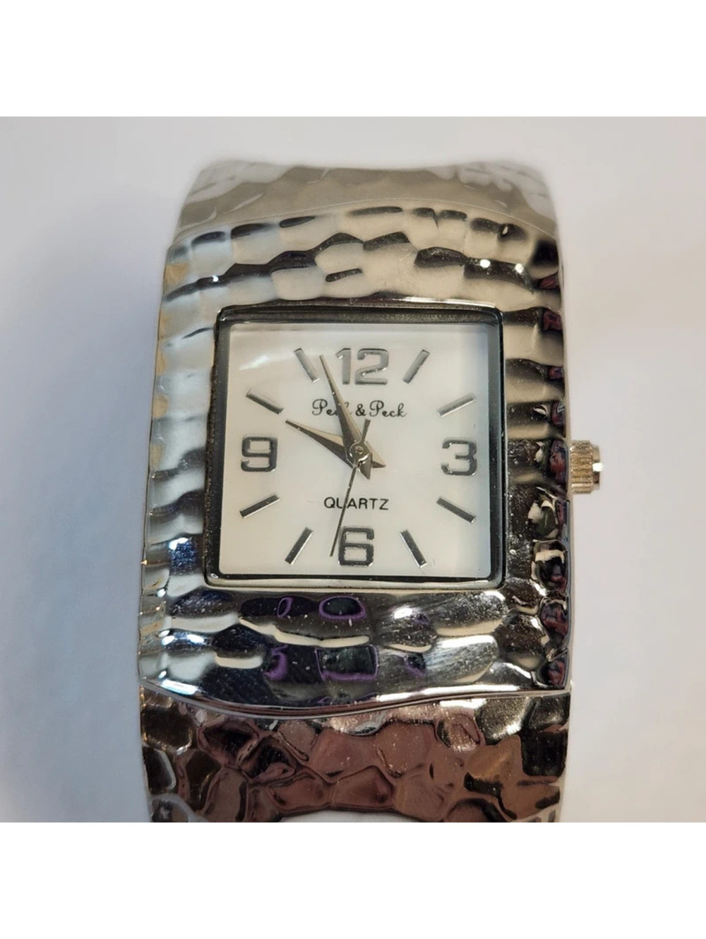 Perry & Peck Quartz Watch Silver Tone Hammered Cuff Bracelet